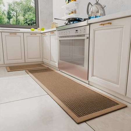 SIXHOME Washable Kitchen Rugs and Mats Non Slip 20 x32 +20 x48 Kitchen Rug and Runner Sets of 2 Twill Farmhouse Standing Kitchen Floor Mat for under Sink Laundry Room Bathroom Brown