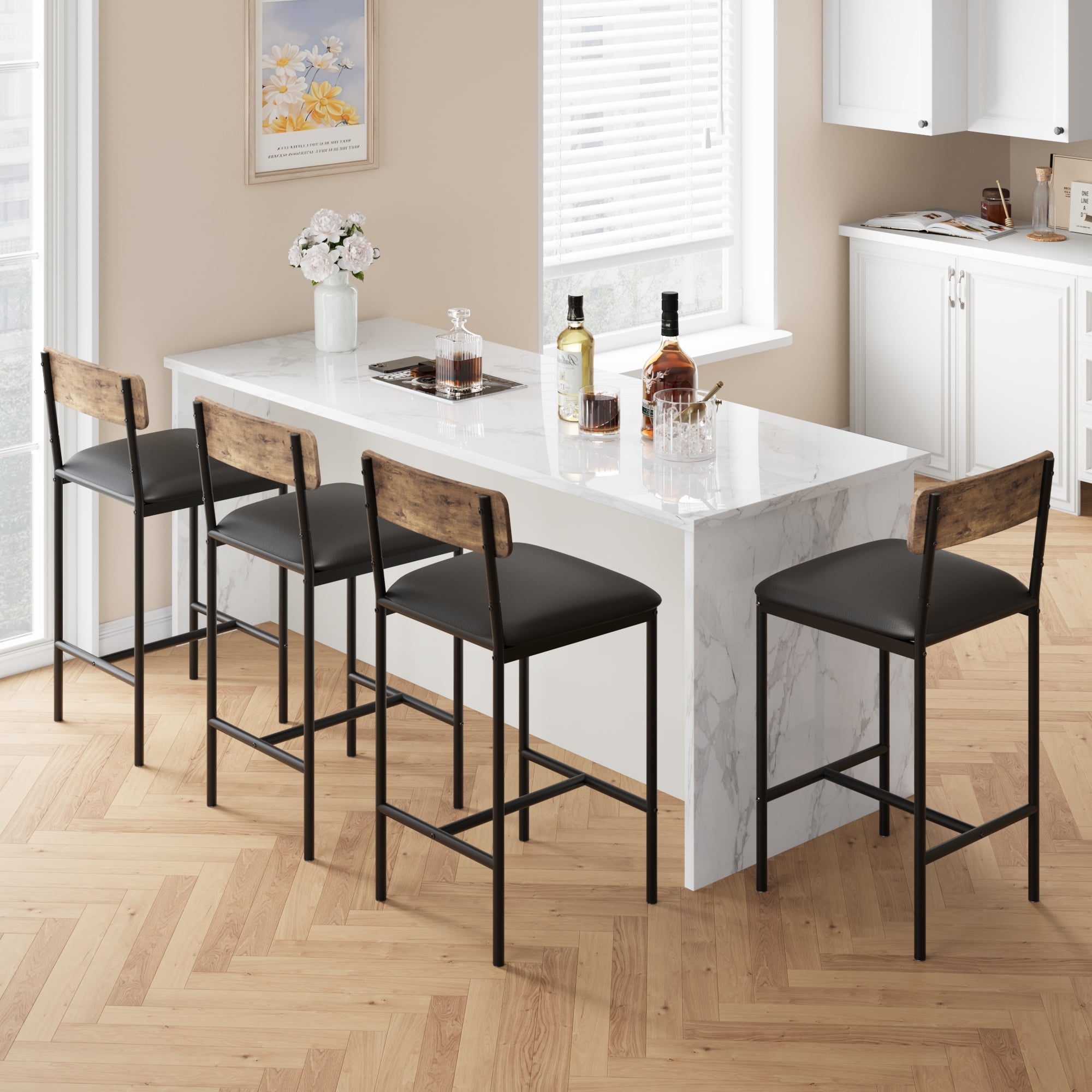 COZONY Barstools Set of 4, 37"H PU Upholstered Counter Bar Stools, Modern Armless Back Chairs, Kitchen, Living Room, Apartment, Dining Room, Pub, Retro Brown