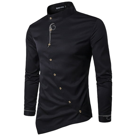 Baqcunre Mens Shirts Mens Fashion Casual Embroidered Personality Button Irregular Shirt Fashion Casual Long Sleeve Shirt Shirts For Men Tops For Men Black L