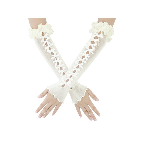 INSPIRE CHIC Women's Long Stretchy Bowknot Fingerless Arm Gloves Satin Y2K Lolita Sleeves for Female Bride Princess Costume Opera Dance Party White