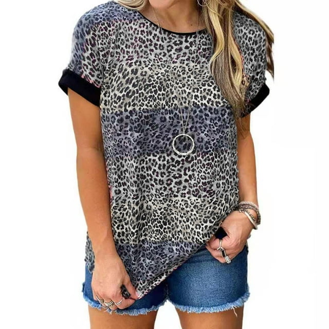 Nouveau T-Shirt à Manches Courtes Léopard pour Femmes Nouvelle Mode T-Shirt de Rue Grande Taille Col Rond Ample Décontracté