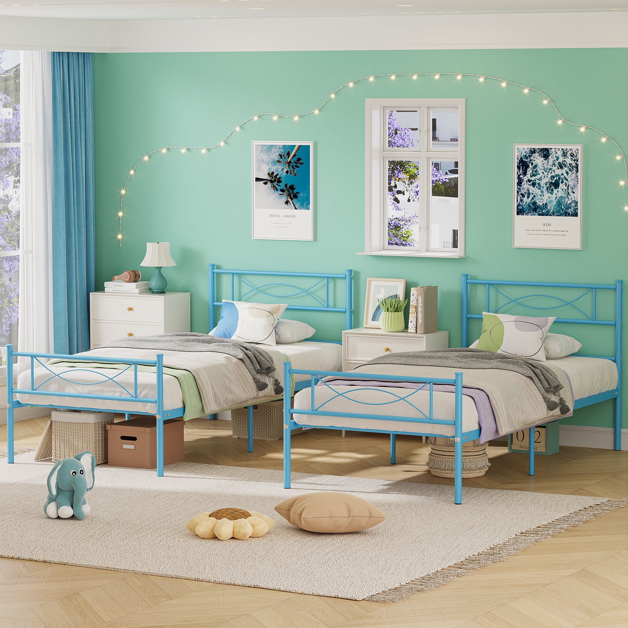 Yoneston Kids Twin Size Metal Platform Bed Frame Single Bed with Bowknot Headboards for Boys Bedroom Furniture – Light Blue