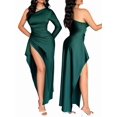 thumbnail image 2 of Womens Wedding Guest Maxi Dress Fall One Shoulder Sleeve Satin Bodycon High Split Cocktail Formal Prom Dresses Dark Green M, 2 of 7