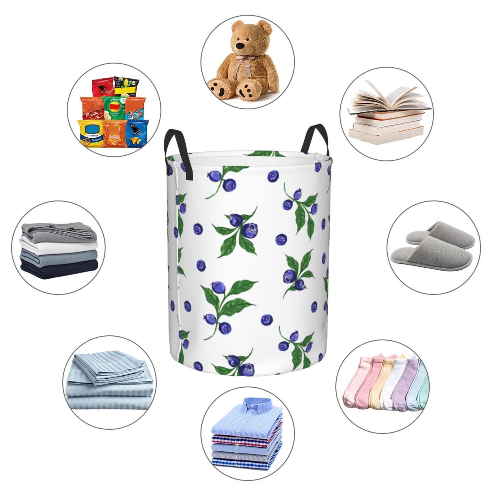 Large Laundry Basket with Handles - Blueberries Print green leaf Kids Baby Dirty Clothes Laundry Hamper for Bedroom Aesthetic