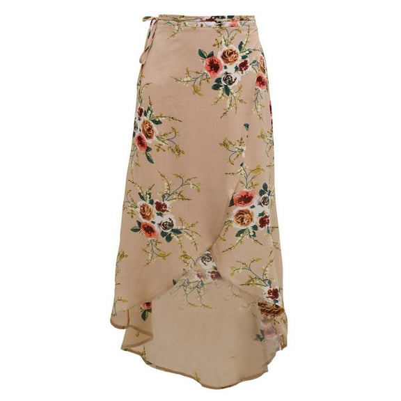 XIAONU Women's Floral-Print Wrap Midi Skirt Asymmetrical Flowy Skirt Romantic Bohemian Casual Vacation Date Wear