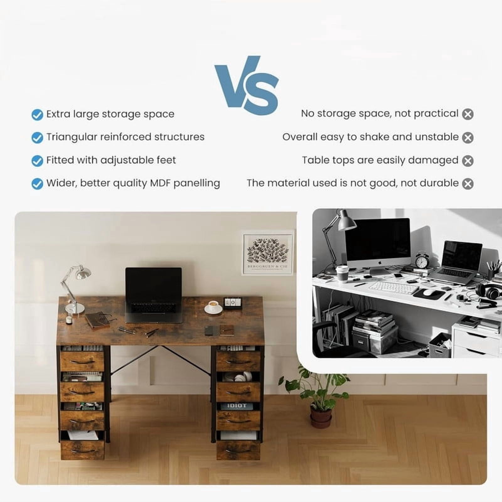 Kelno 47 Inch Computer Desk with 8 Fabric Drawer Large Storage Gaming Writing Table, Rustic Brown
