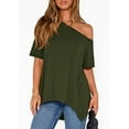thumbnail image 3 of PRETTYGARDEN Off The Shoulder Tops for Women Summer Short Sleeve Asymmetrical Oversized Tee Shirts Casual Spring Clothes, 3 of 9