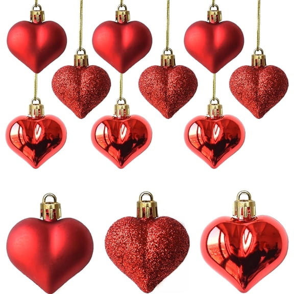 Topboutique Valentines Heart Shaped Ornaments,12 Pcs Christmas Decorations,Glitter Heart Baubles,Hanging Baubles Tree Ornaments for Xmas Tree Valentine's Day Decor,Home Party Wedding Decor,Red