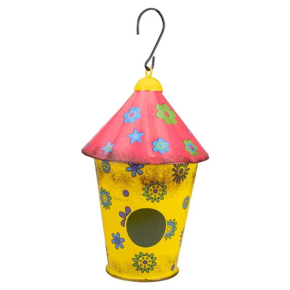 Northlight 7.75" Red and Yellow Metal Birdhouse with Flowers