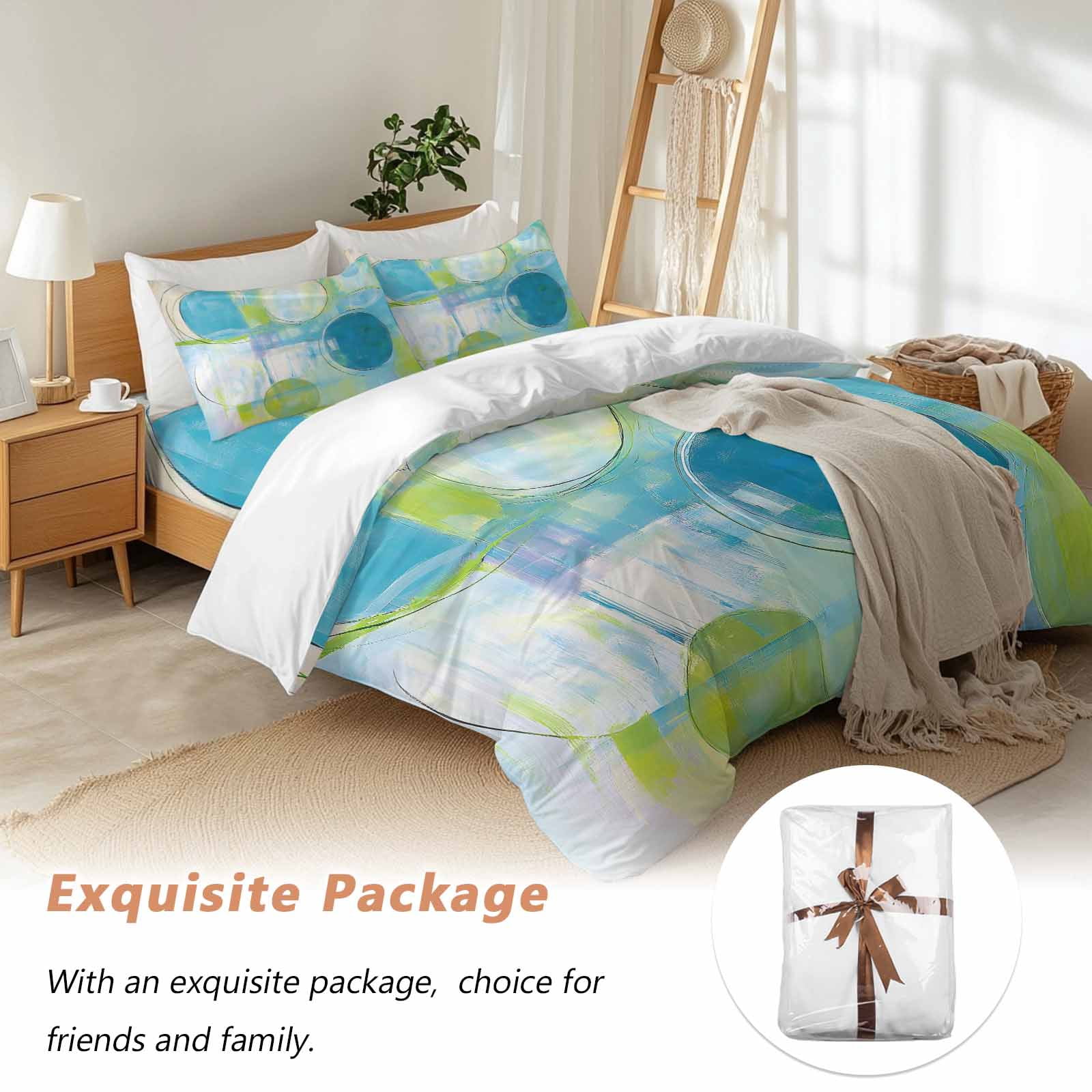 Queen 4 Piece Bedding Set Blue Gradient Color Block Soft Breathable Duvet Cover and Pillowcase, Watercolor Painting Graffiti Art Duvet Cover Set Bed Sheets for Bedroom Dormitory Guest Room