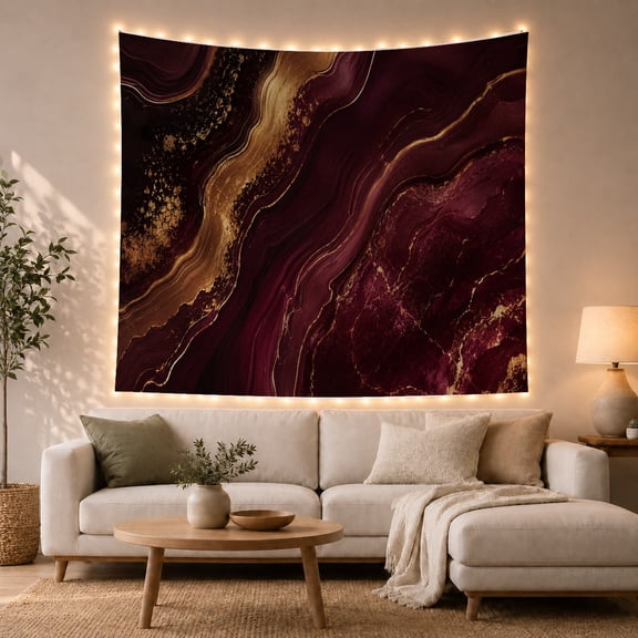 Abstract Marble Design with Bronze Veins in Burgundy, Mystical Watercolor for Art Lovers, Luxury Home Decor Wall Art, Housewarming Gift, Tapestry Wall Hanging for Bedroom and Living Room