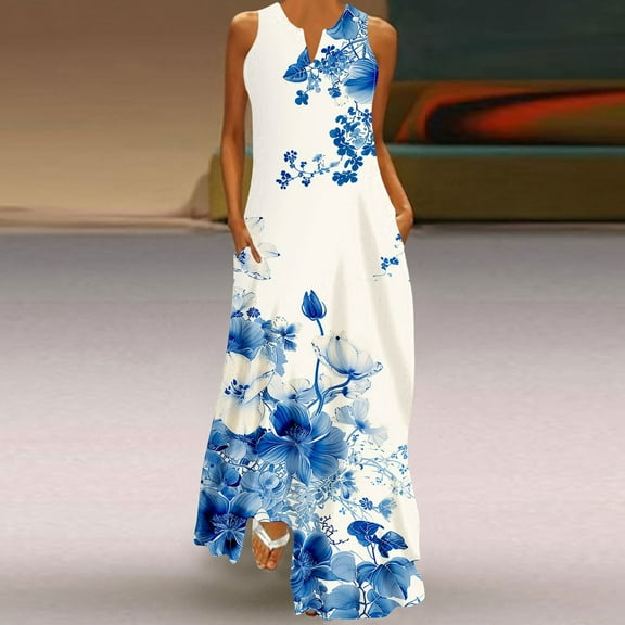 Wycnly Summer Dresses for Women Formal Dresses for Women Loose Pocket Beach Tank Long Dresses Women Vintage Floral Print V-Neck Sleeveless Maxi Dresses