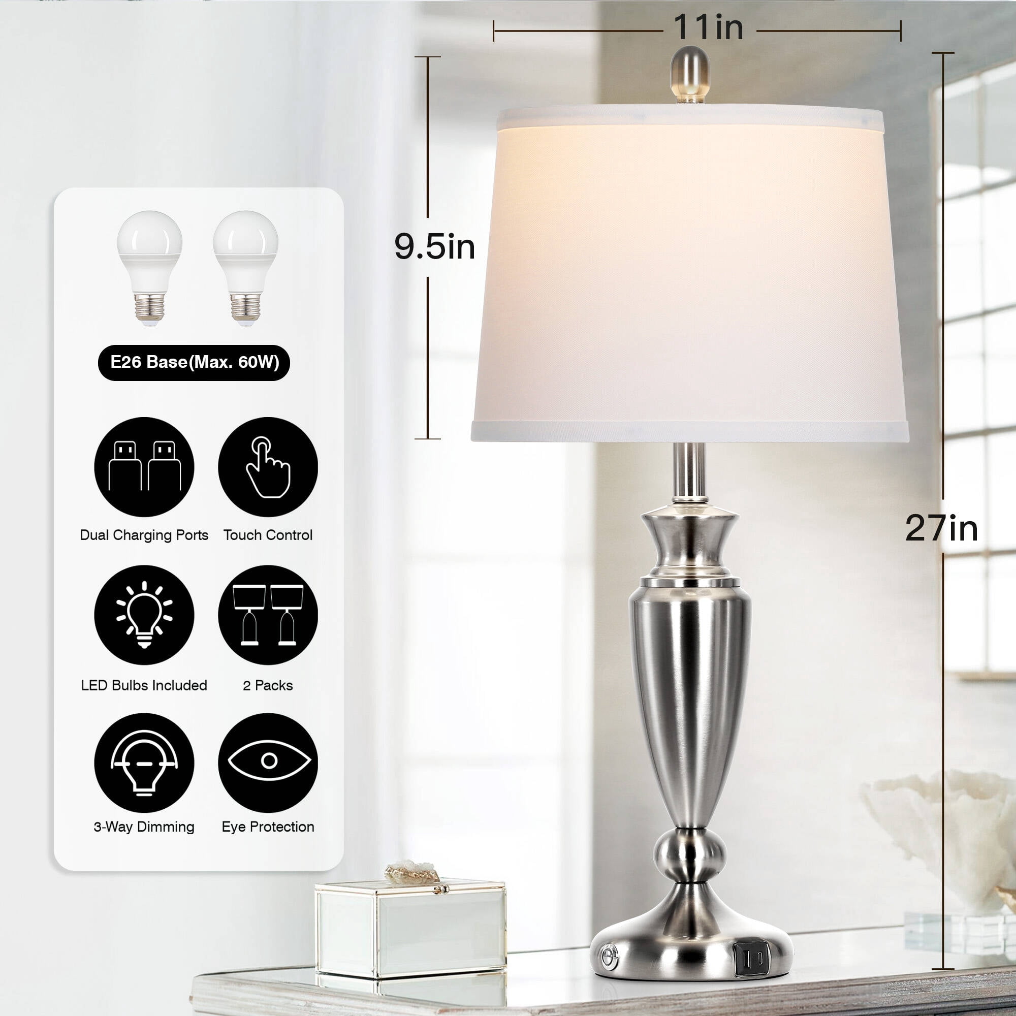 Cinkeda Table Lamps Set of 2 for Bedroom Living Room 27" Tall Silver Industrial Bedside Lamp with USB +C Charging Ports Modern 3-Way Dimmable Touch Control Nightstand Lamp