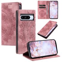 SaniMore for Google Pixel 8 Pro Case, PU Leather Embosed Mandala Flower Wallet Protective Phone Cover Card Slots Pocket Purse Women Men Kickstand Vintage Shockproof Anti-fall Shell, Pink