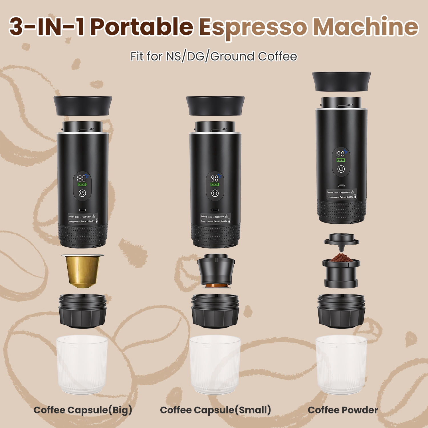 7500mAh Cordless Self-Heating 3-in-1 Portable Espresso Machine 20Bar Pressure Fast Heating Coffee Maker Anti-Dry Burn Fit Coffee & Capsules for Camping Hiking Home Office