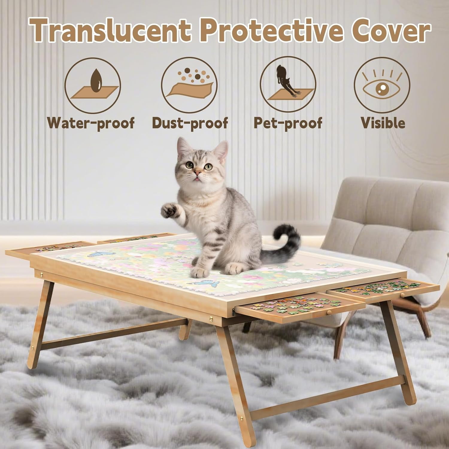 1000 Pieces Puzzle Table, Portable Jigsaw Puzzle Board for Adults with 4 Drawers and Cover, Natural