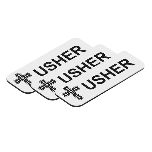 Signs ByLITA Usher 1 x 3" Name Tag/Badge, White, Cross Design (3 Pack