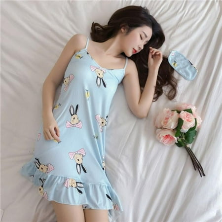 

Women Nightgown Cute Print Sleepwear+Eye Nightgown Set women Sleeveless ruffled nightdress Home Sleepwear Wear Girl