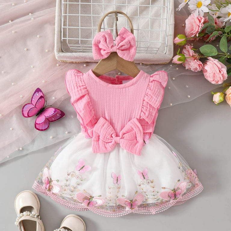 Zhuashum Girls Easter Dress 9-12 Months Sleeveless Ruffles Dress Solid  Color Round Neck Headbands Set Cute Outfits Pink - Walmart.com