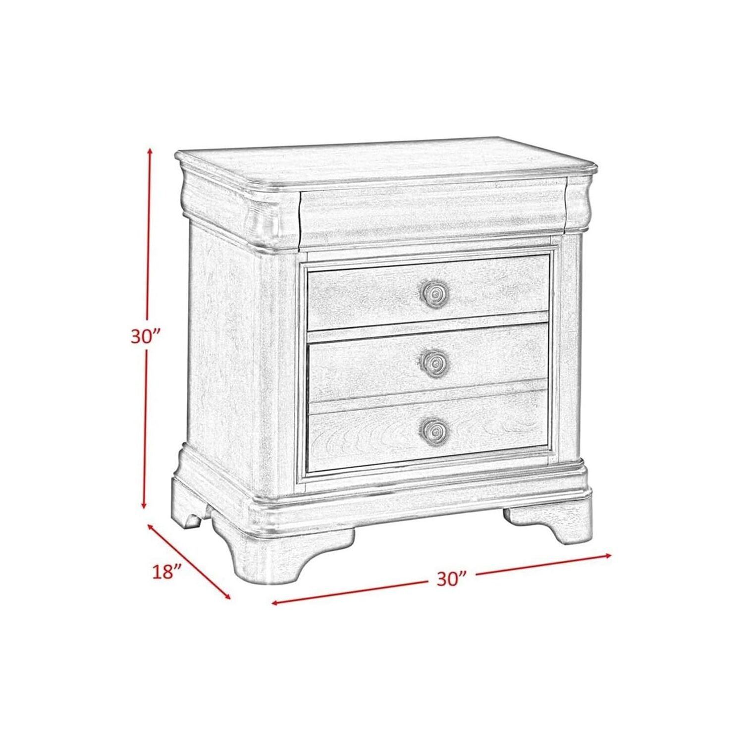 HomeStock Island Interiors Cherry Nightstand 18" x 30" x 30" with 3 Spacious Drawers, Felt Lined Top Drawer, Antique Brass Knobs, and Traditional Cherry Finish