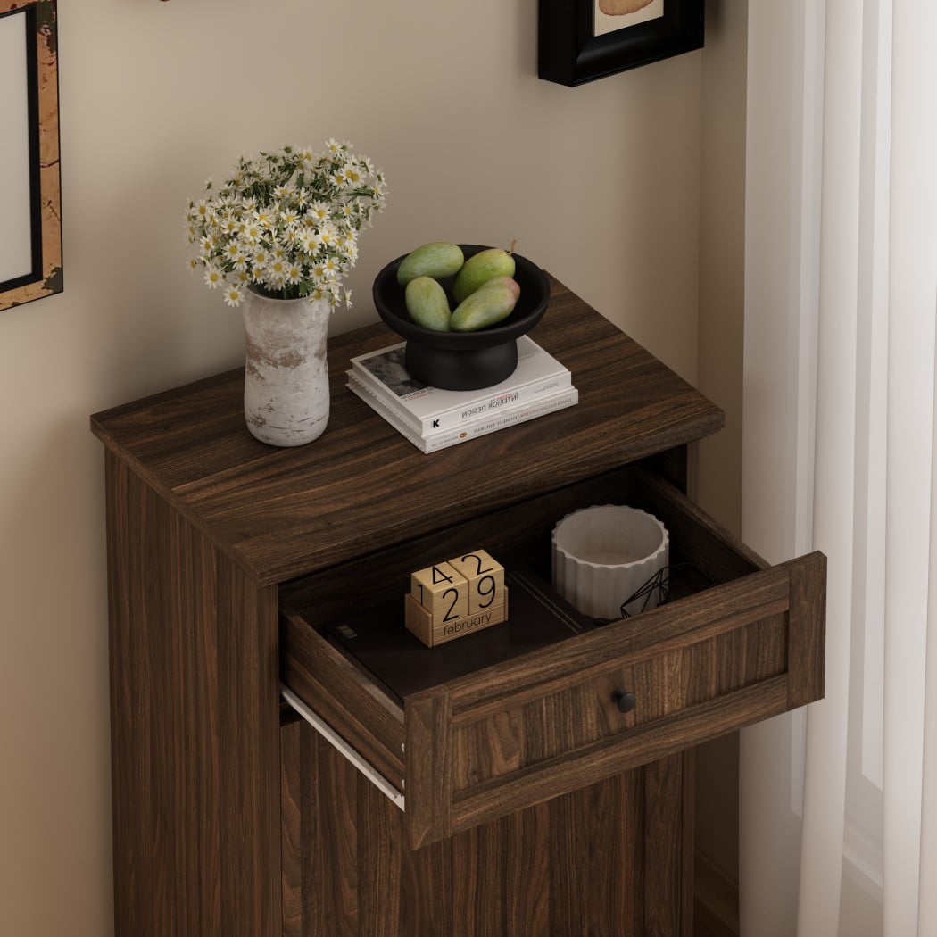 10 Gallon Tilt Out Trash Cabinet, Freestanding Garbage Can Storage with Drawer, Kitchen Recycling Cabinet, Antique Brown Trash Bin Holder, Antique Brown