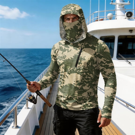 Sun Protection Shirts for Men UPF 50 Sun Protection Hoodie Camo Long Sleeve Lightweight Fishing Shirt with Neck Gaiter