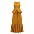 thumbnail image 4 of Womens Casual Two Piece Outfit V Neck Sleeveless Button Peplum Top High Waist Ruffle Hem Wide Leg Pants Solid Color Elegant Set Yellow XL(XL), 4 of 7