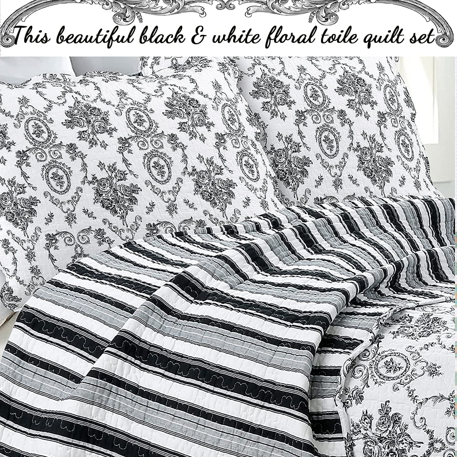 Cozy Line French Medallion Toile Black Reversible 100% Cotton 3-Piece Quilt Set, Queen Set