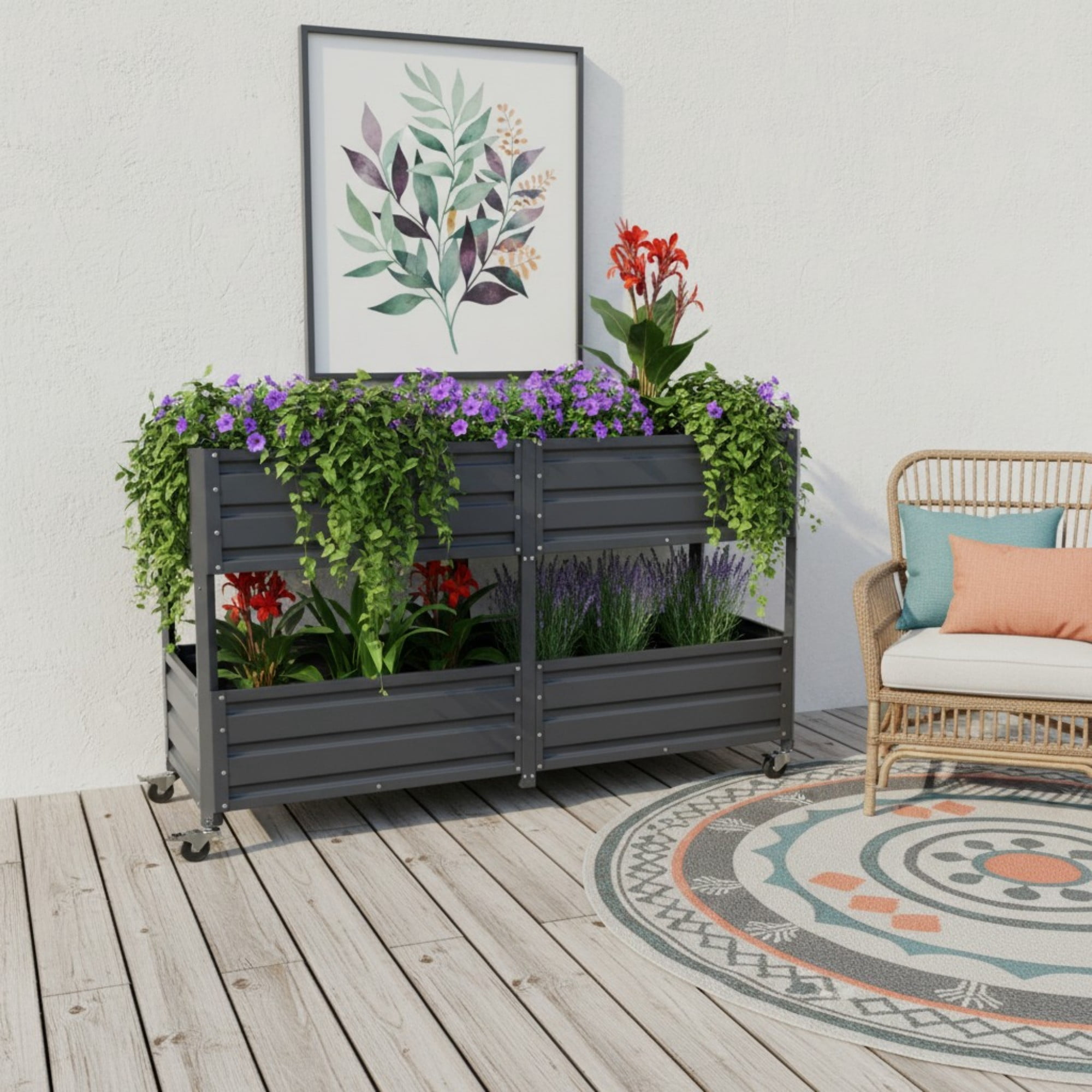 Aukfa 2-Tier Elevated Raised Garden Bed with Lockable Wheels, 37.8" Tall Outdoor Galvanized Metal Planter Box for Vegetables, Herbs, Flowers, Patio Backyard Garden, Gray
