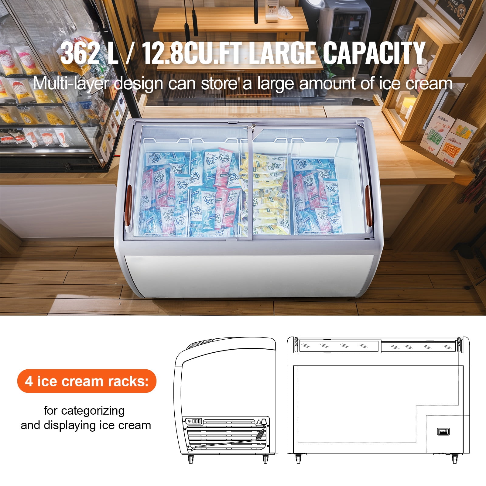 KFFKFF Professional Ice Cream Showcase, 12.8 Cubic Feet Storage Freezer, Portable Transparent Lid Deep Freezer, Dining Establishment Sorbet Serving Cabinet with 4 Metal Baskets