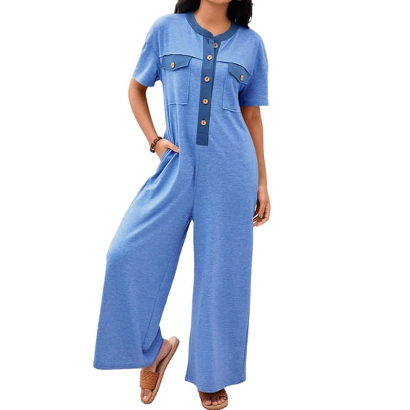 Summer Women Short Sleeve Button Down Casual Loose Wide Leg One Piece Jumpsuit