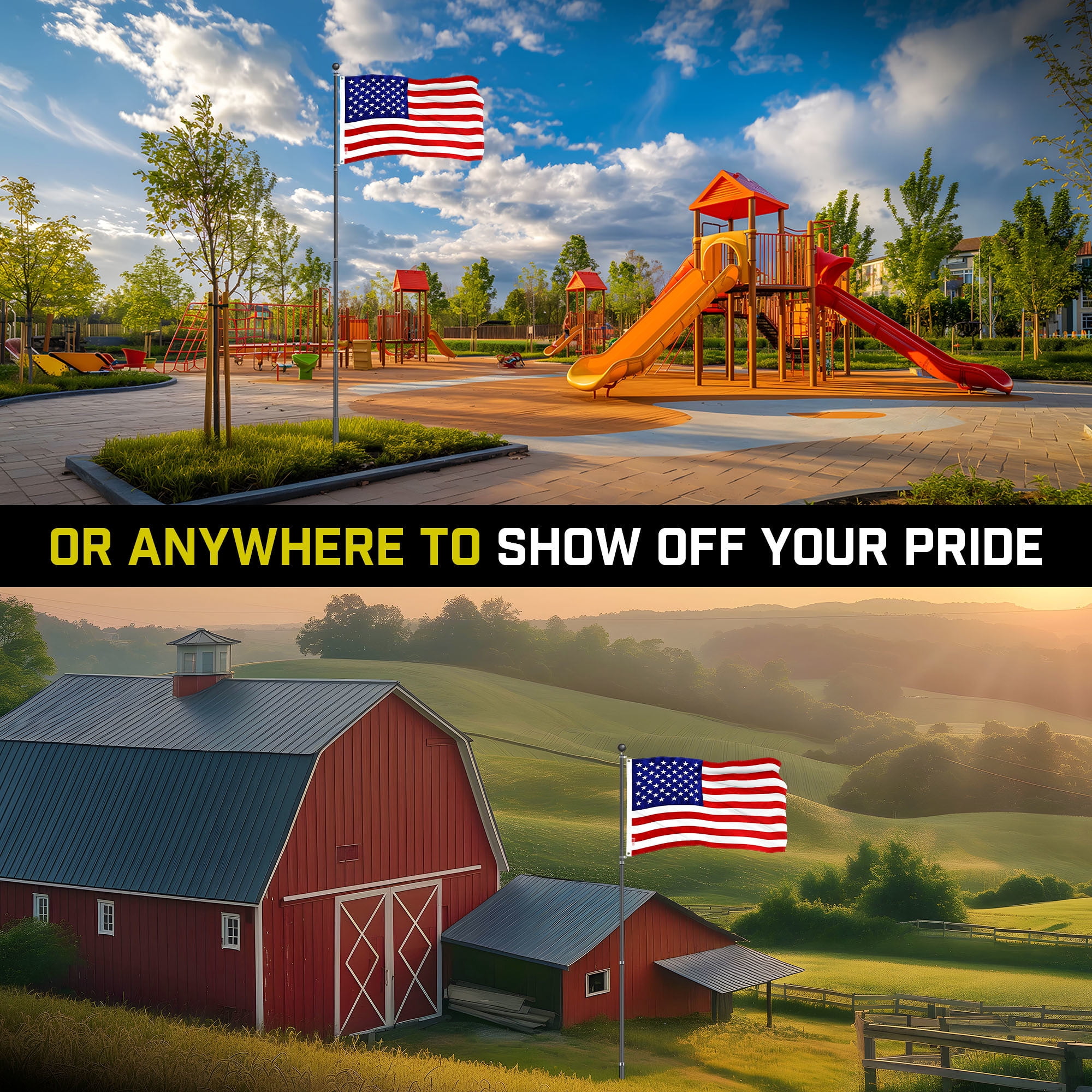 G128 Combo Pack: 16 Ft Telescoping Aluminum Flagpole (Black) & American USA Flag 2x3 Ft, ToughWeave Series Embroidered 210D Polyester | Pole with Flag Included