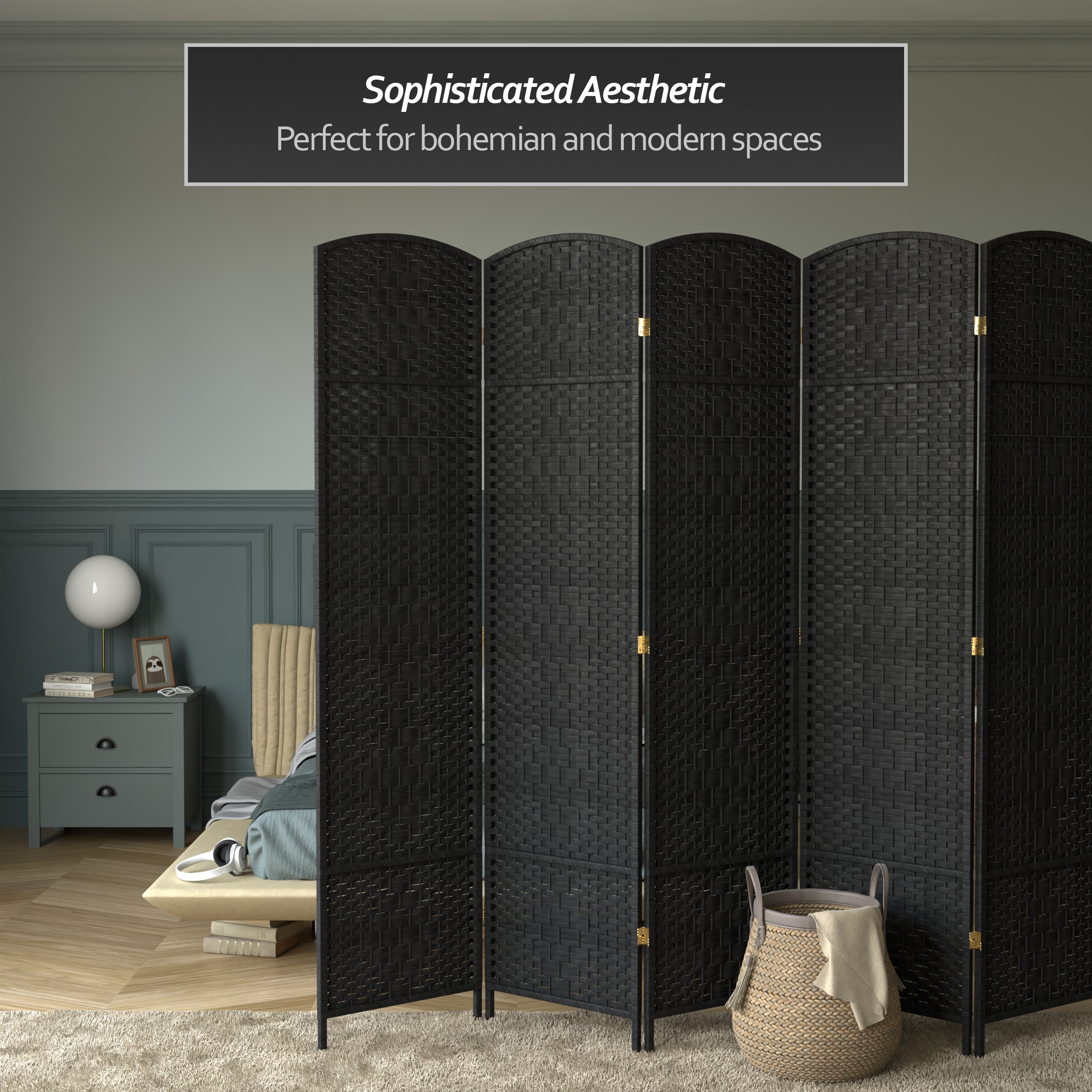 7 ft. Tall Rattan Fiber Diamond Weave Privacy Screen Room Divider - Black - 6 Panels