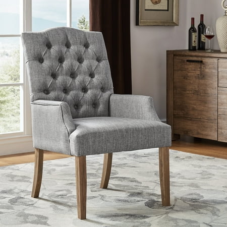 Weston Home Ridgemere Tufted Upholstered Linen and Natural Finish Wood Dining Chair, Grey