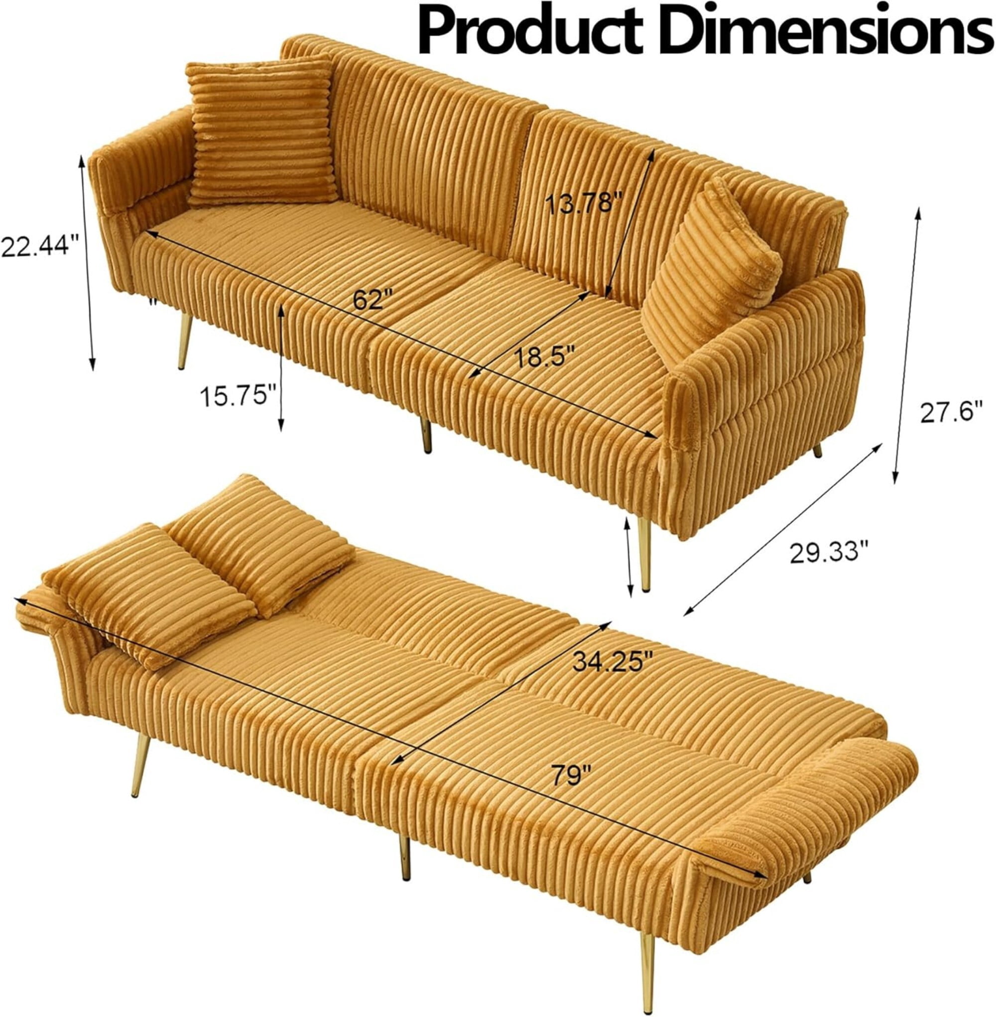 AENKYO 79'' Corduroy Convertible Futon Sofa Bed, Modern Sleeper Couch with Adjustable Arms & Back, Yellow