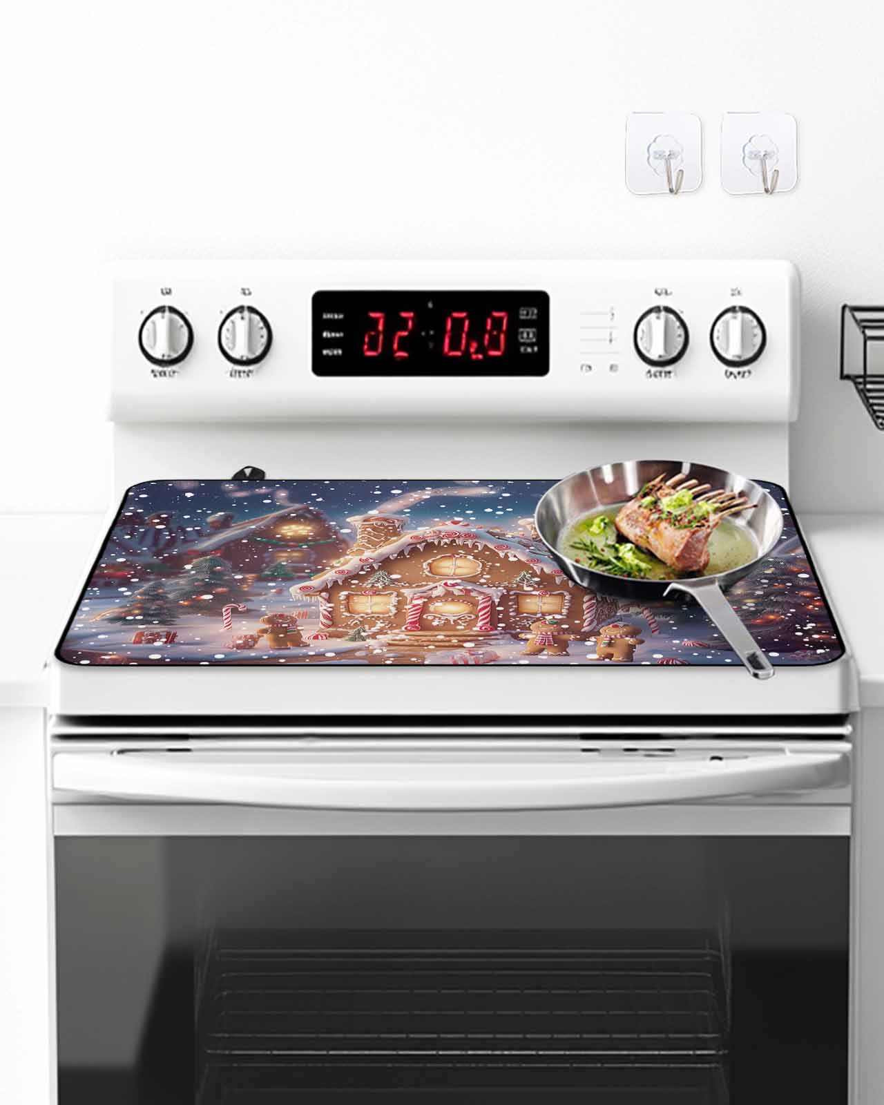 Merry Christmas Stove Top Covers for Electric Stove, 36'x21'' Gnome Santa Claus Snowflakes Border Glass Ceramic Stove Cover Foldable Rubber Mat Heat Resistant Cooktop Protector for Kitchen