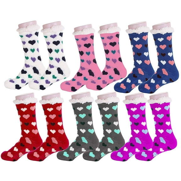 Valentine's Day Soft Crew Socks XOXO Kiss Hug Love Prints, Women's Size 9-11(6 Pairs) (Sherpa Lined Hearts)
