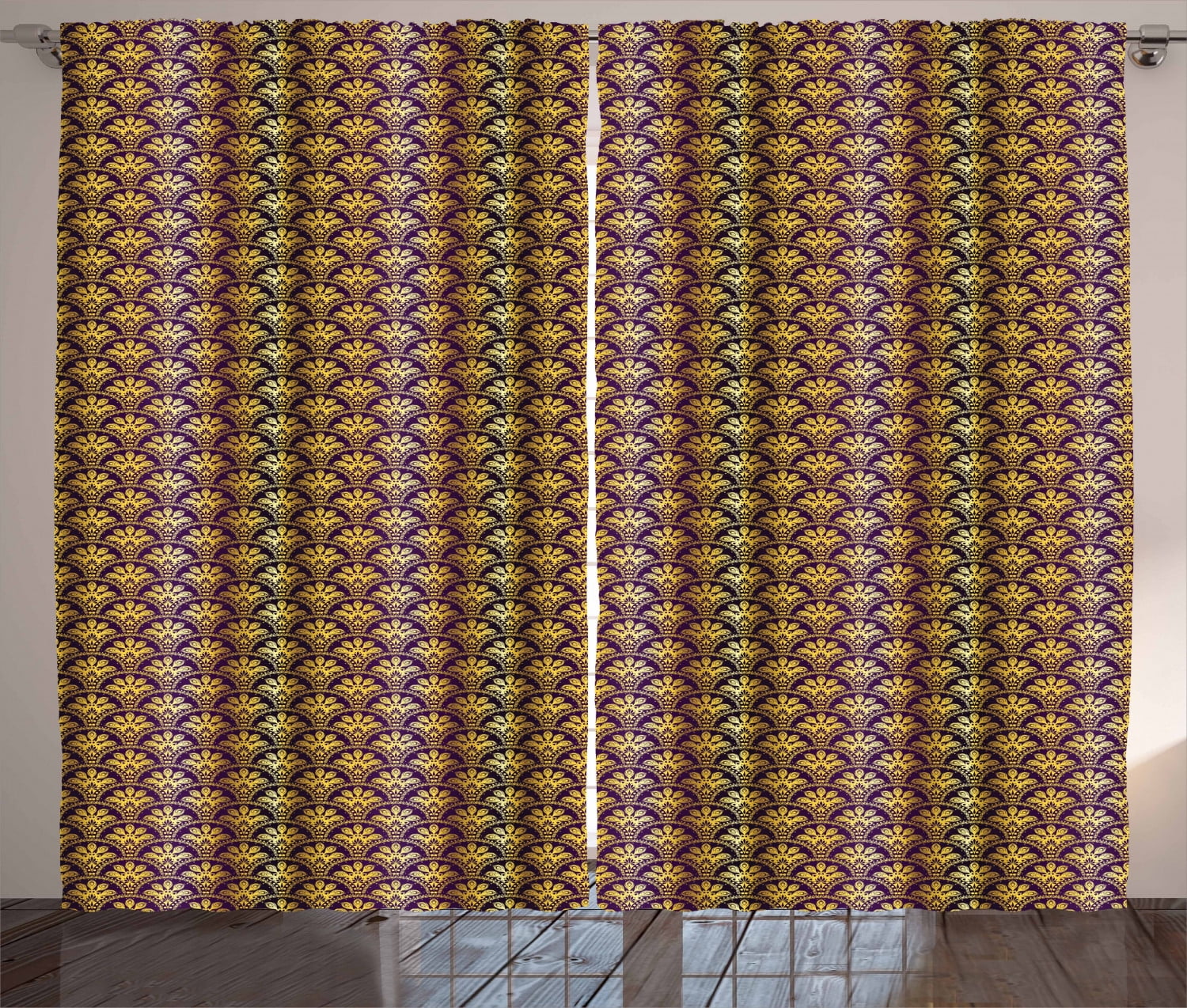 Yellow Damask Curtains 2 Panels Set, Fish Scale Style Traditional