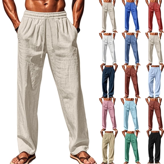 Dwellite Mens Cotton Linen Pants Summer Beach Pants Casual Loose Fit Elastic Waist Drawstring Pant with Pockets Pink M