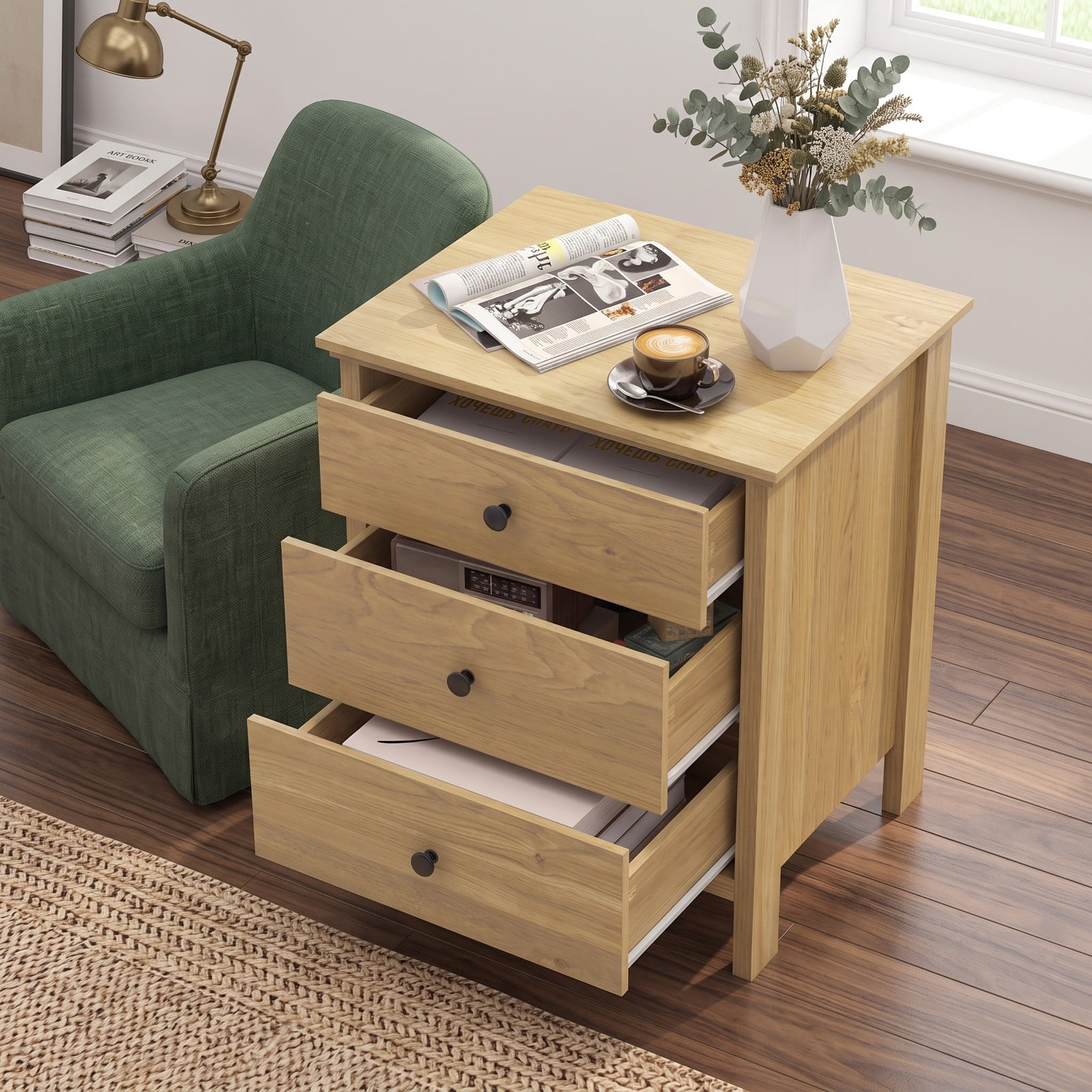 Furnibear 3-Drawer Wooden Nightstand with Wide Tabletop and Smooth Metal Slides for Bedroom Living Room and Study, Natural