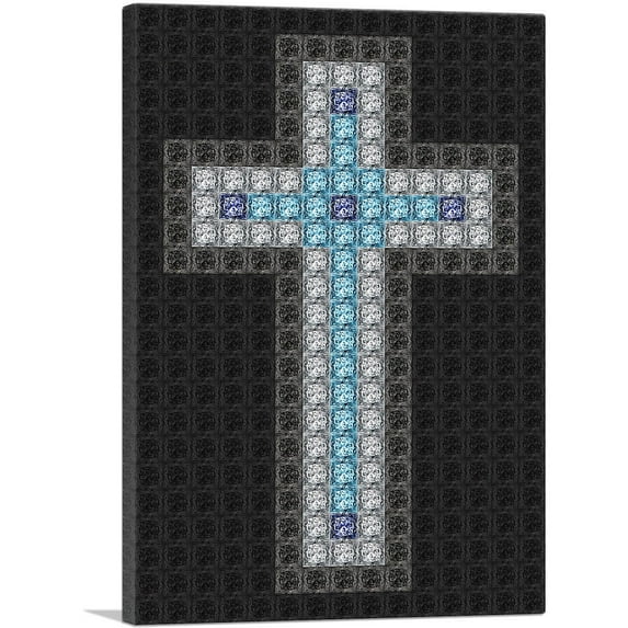 ARTCANVAS Navy Baby Blue Christian Church Jewel Cross Pixel Canvas Art Print - Size: 18" x 12" (1.50" Deep)