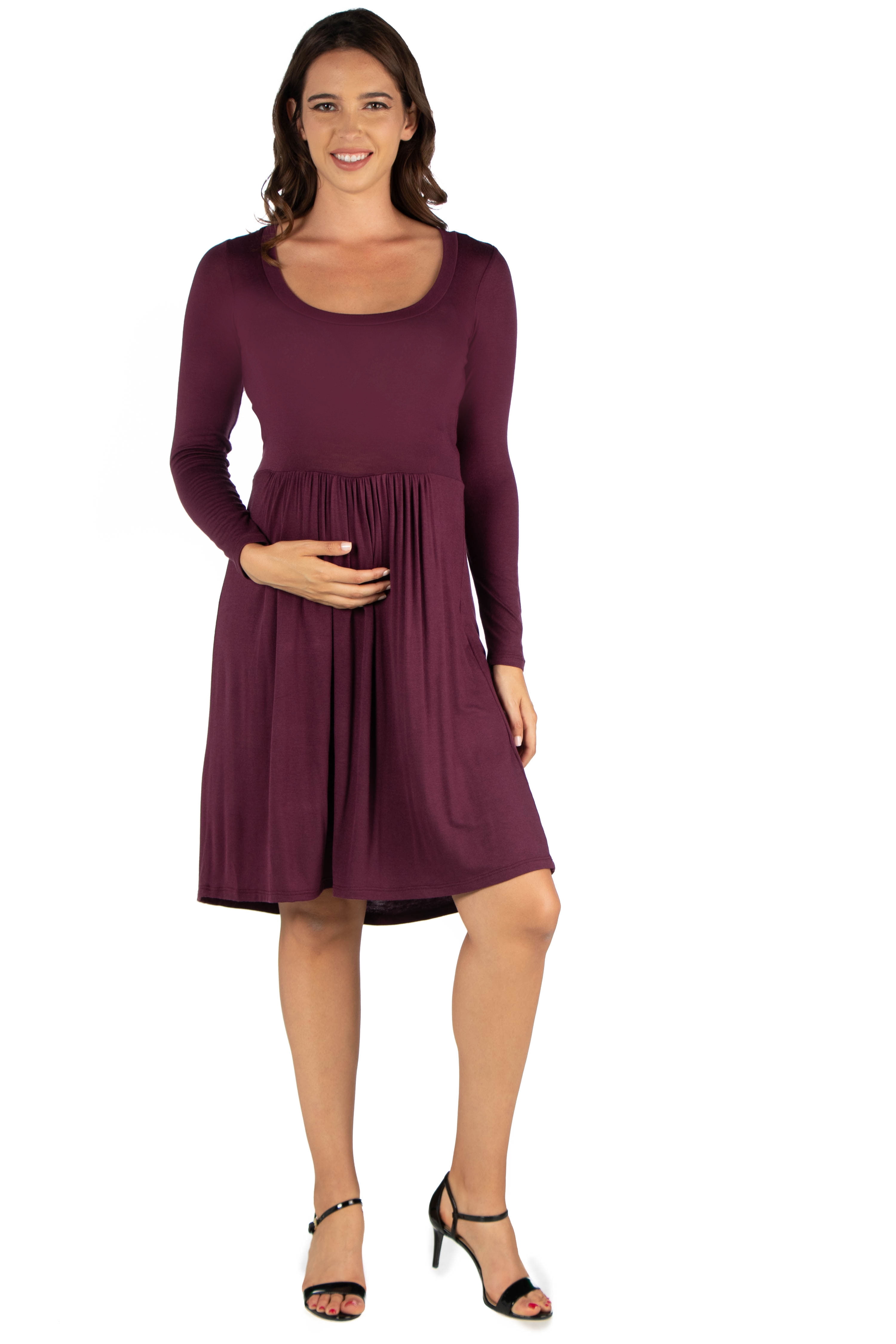 24seven Comfort Apparel Casual Long Sleeve Pleated Maternity Dress