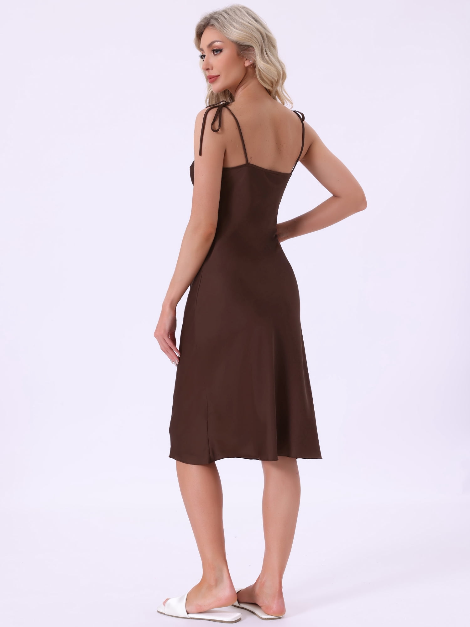 DARING DIVA Women's Satin Midi Spaghetti Adjustable Straps Silky Nightgown S Brown