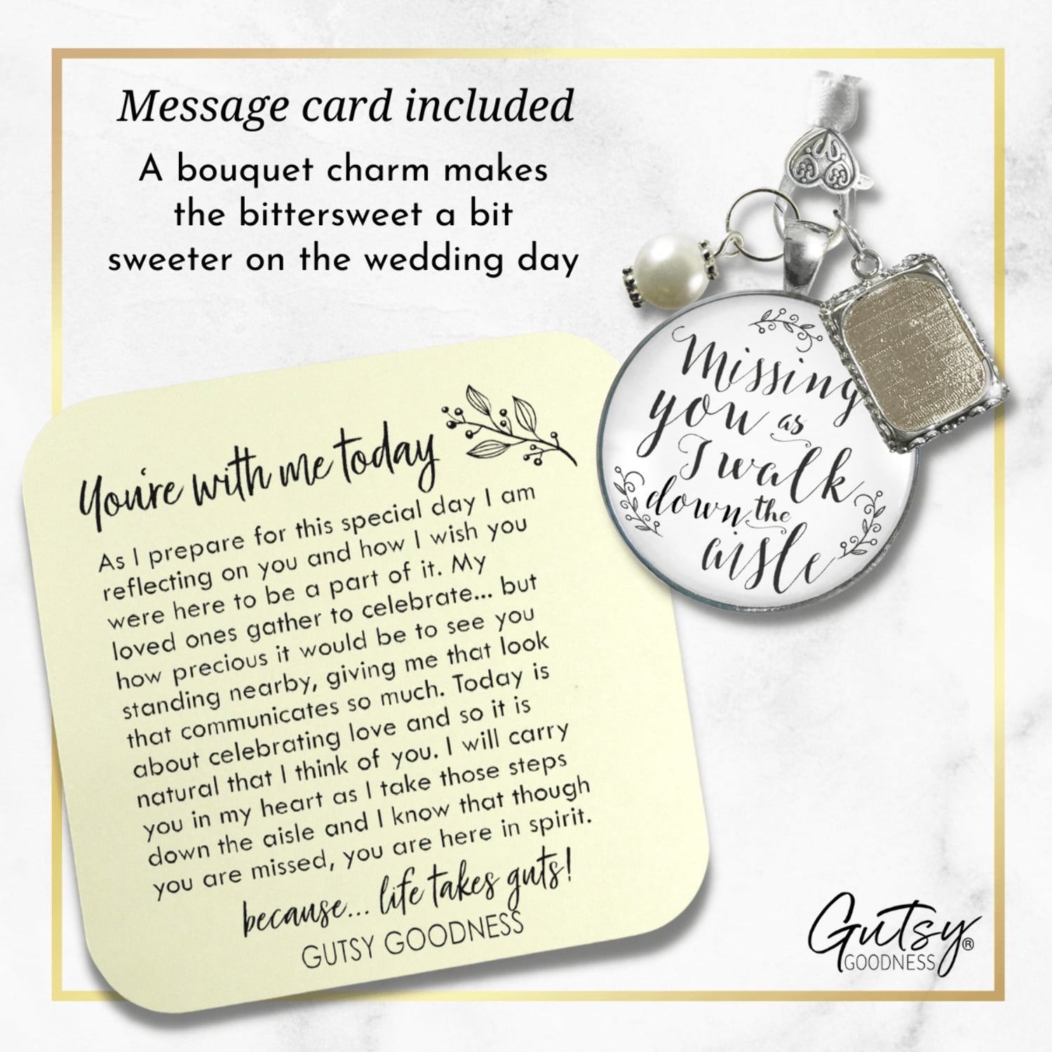 Wedding Bouquet Memorial Charm for Bride Missing You As I Walk Down the Aisle Silver White Pendant Photo Frame