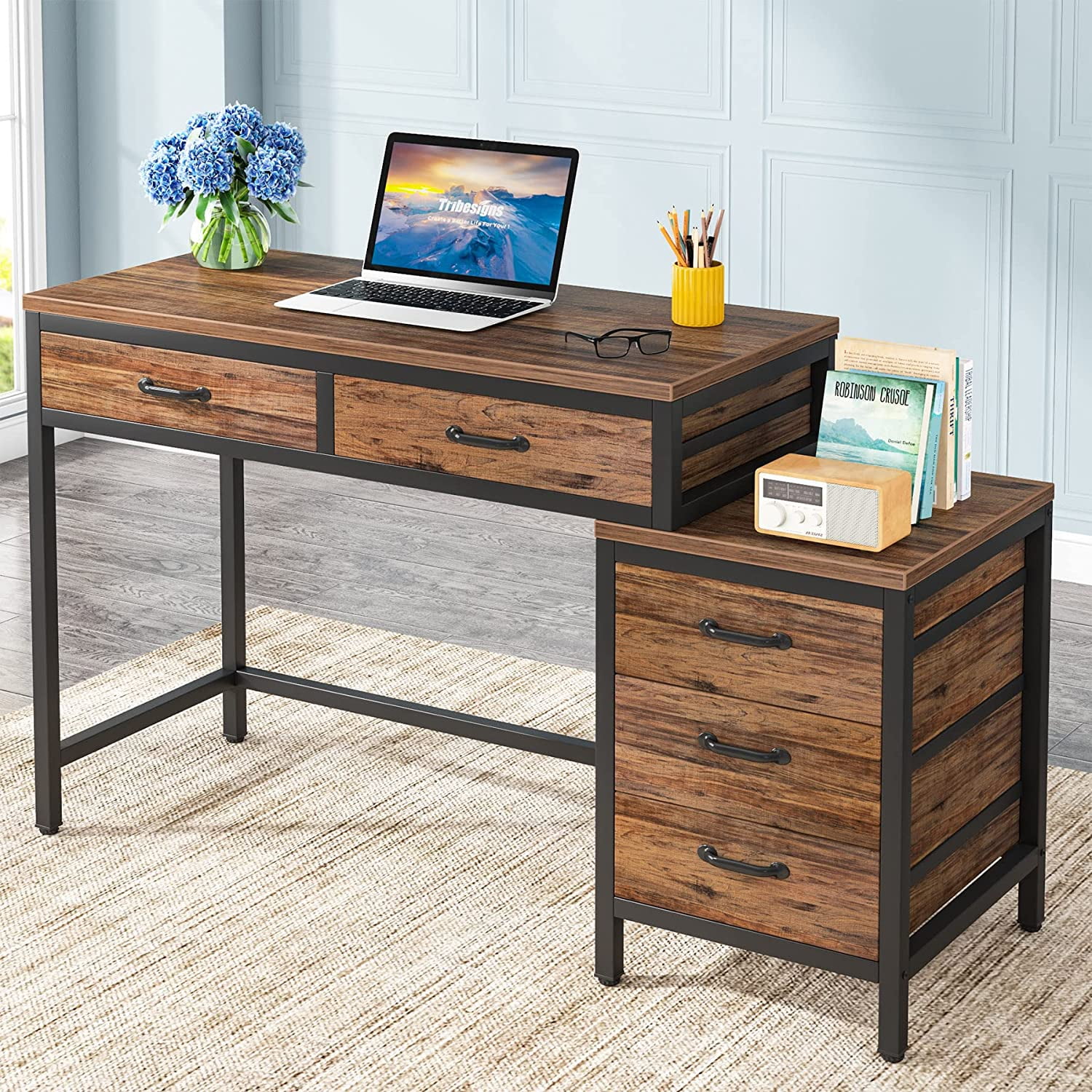 Tribesigns Computer Desk with 5 Drawers, Study Writing Table with
