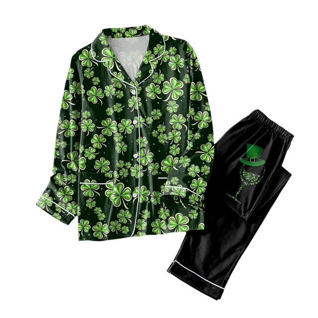 Gibobby Pijamas para Mujer Conjunto a Juego Pijamas navideños Conjunto de Pijama Largo de satén con Botones clásicos para Mujer con Bolsillos (Negro, XL)