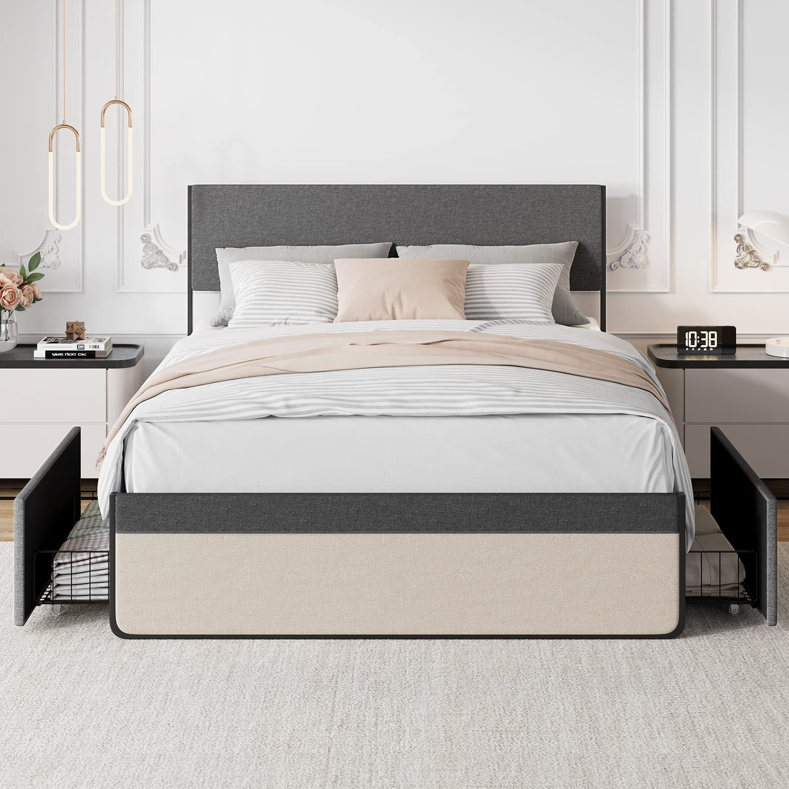 Full/Queen Size Bed Frame with 2 Storage Drawers, Upholstered Platform Bed Frame with Headboard, Mattress Foundation with Steel Slats Support, No Box Spring Needed