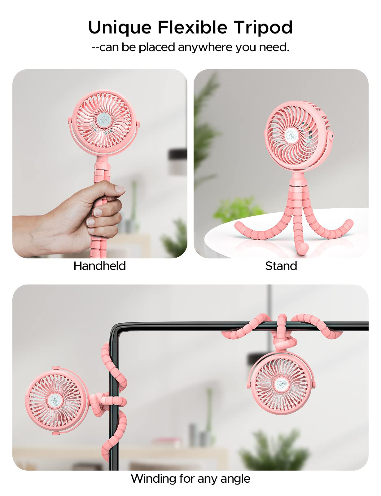 Rechargeable Battery Operated Small Fan, Portable Hand Held Personal Fan for Stand Desktop Bedroom or Clip On Baby Stroller Camping Tent with Flexible & Windable Tripod, 3-Speed & LED Light - image 5 of 7