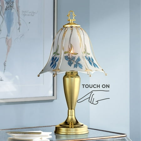 Regency Hill Traditional Accent Table Lamp 18" High Brass Blue Floral Glass Shade Touch On Off for Bedroom Bedside Office