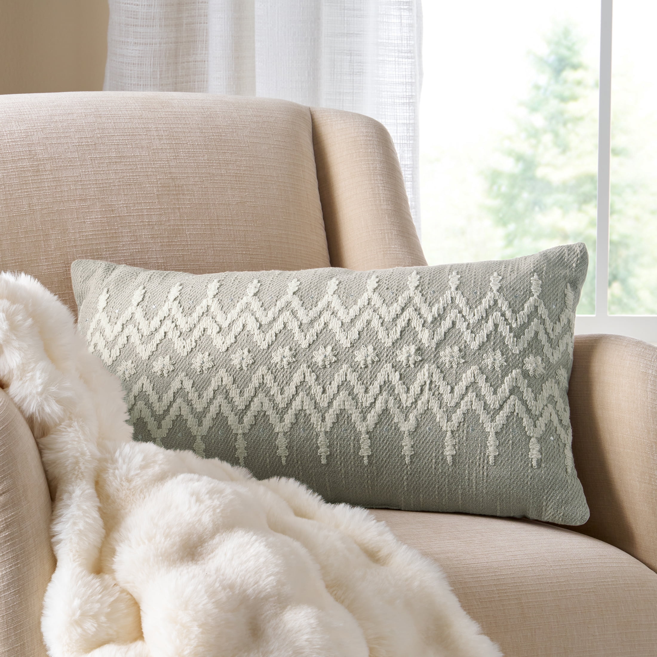 Better Homes & Gardens 14 x 24 Embroidered Fair Isle Grey Throw Pillow